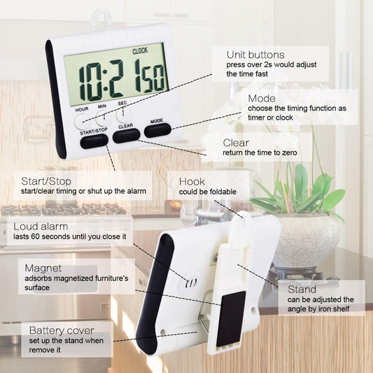3 Pack Digital Kitchen Timer for Cooking, Big Digits, 24 Hour Magnetic Backing Stand Kitchen Timers Clock for Classroom Kids Teachers, Loud Alarm and Big Screen (Black and White)