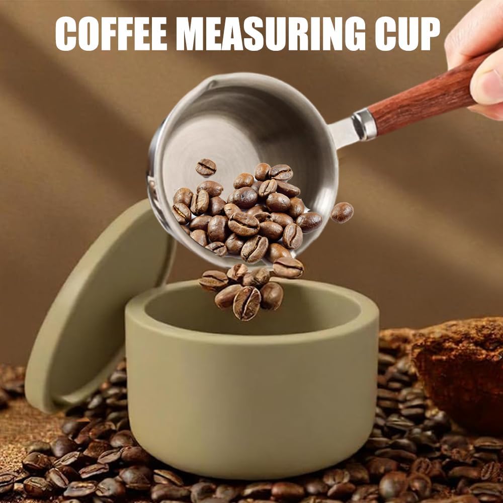 Measuring Cup with Wooden Handle,Vintage Stainless Steel Coffee Measuring Spoon with Cowhide lanyard,Tea Scoop for Coffee Tea Sauces Soups Milk,2/3 Cup,150 ML