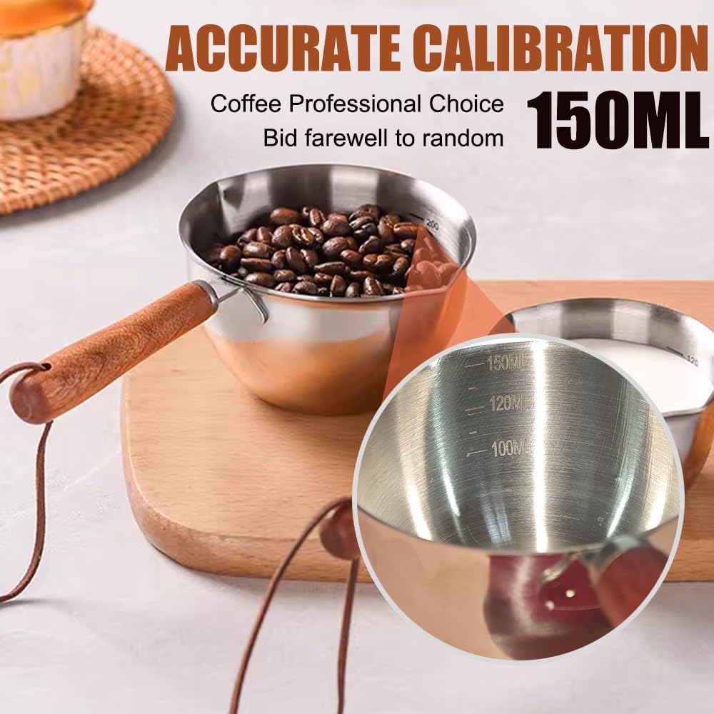 Measuring Cup with Wooden Handle,Vintage Stainless Steel Coffee Measuring Spoon with Cowhide lanyard,Tea Scoop for Coffee Tea Sauces Soups Milk,2/3 Cup,150 ML
