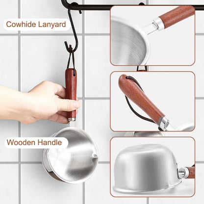 Measuring Cup with Wooden Handle,Vintage Stainless Steel Coffee Measuring Spoon with Cowhide lanyard,Tea Scoop for Coffee Tea Sauces Soups Milk,2/3 Cup,150 ML