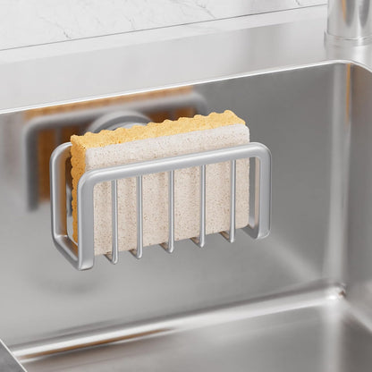 Sponge Holder for Kitchen Sink with Strong Suction Cup, Rustproof Aluminum Sink Caddy for Sponges, Removable Sponge Holder, Dish Brush for Scraper - Silver