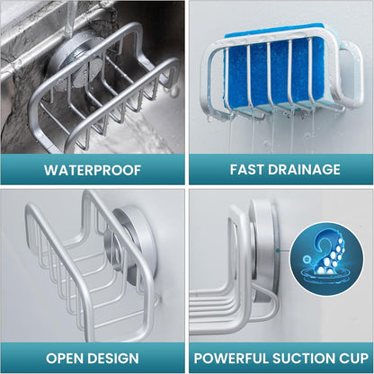 Sponge Holder for Kitchen Sink with Strong Suction Cup, Rustproof Aluminum Sink Caddy for Sponges, Removable Sponge Holder, Dish Brush for Scraper - Silver