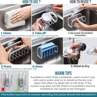 Sponge Holder for Kitchen Sink with Strong Suction Cup, Rustproof Aluminum Sink Caddy for Sponges, Removable Sponge Holder, Dish Brush for Scraper - Silver