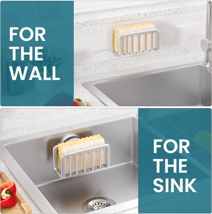 Sponge Holder for Kitchen Sink with Strong Suction Cup, Rustproof Aluminum Sink Caddy for Sponges, Removable Sponge Holder, Dish Brush for Scraper - Silver