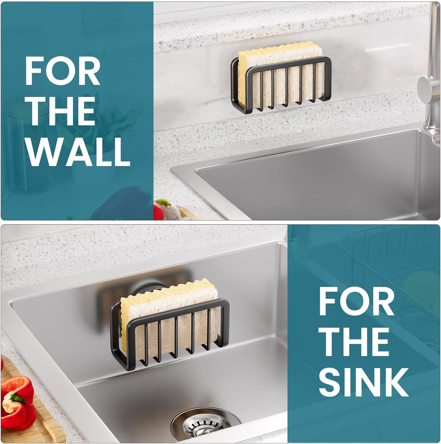 Sponge Holder for Kitchen Sink with Strong Suction Cup, Rustproof Aluminum Sink Caddy for Sponges, Removable Sponge Holder, Dish Brush for Scraper - Silver