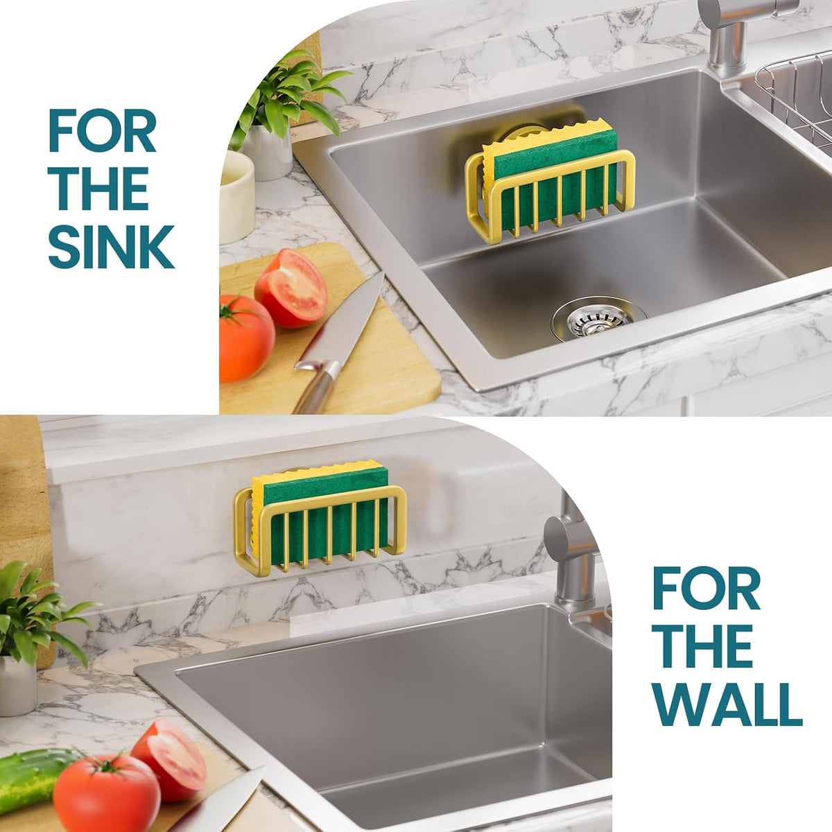 Sponge Holder for Kitchen Sink with Strong Suction Cup, Rustproof Aluminum Sink Caddy for Sponges, Removable Sponge Holder, Dish Brush for Scraper - Silver