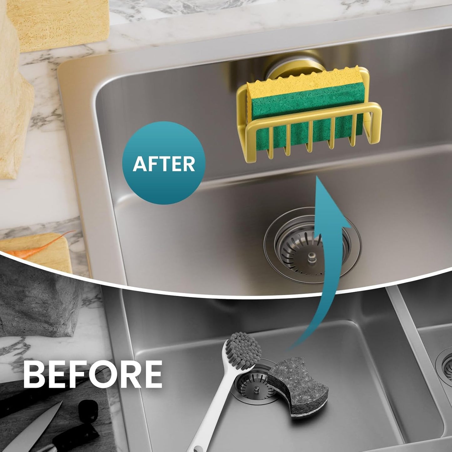 Sponge Holder for Kitchen Sink with Strong Suction Cup, Rustproof Aluminum Sink Caddy for Sponges, Removable Sponge Holder, Dish Brush for Scraper - Silver