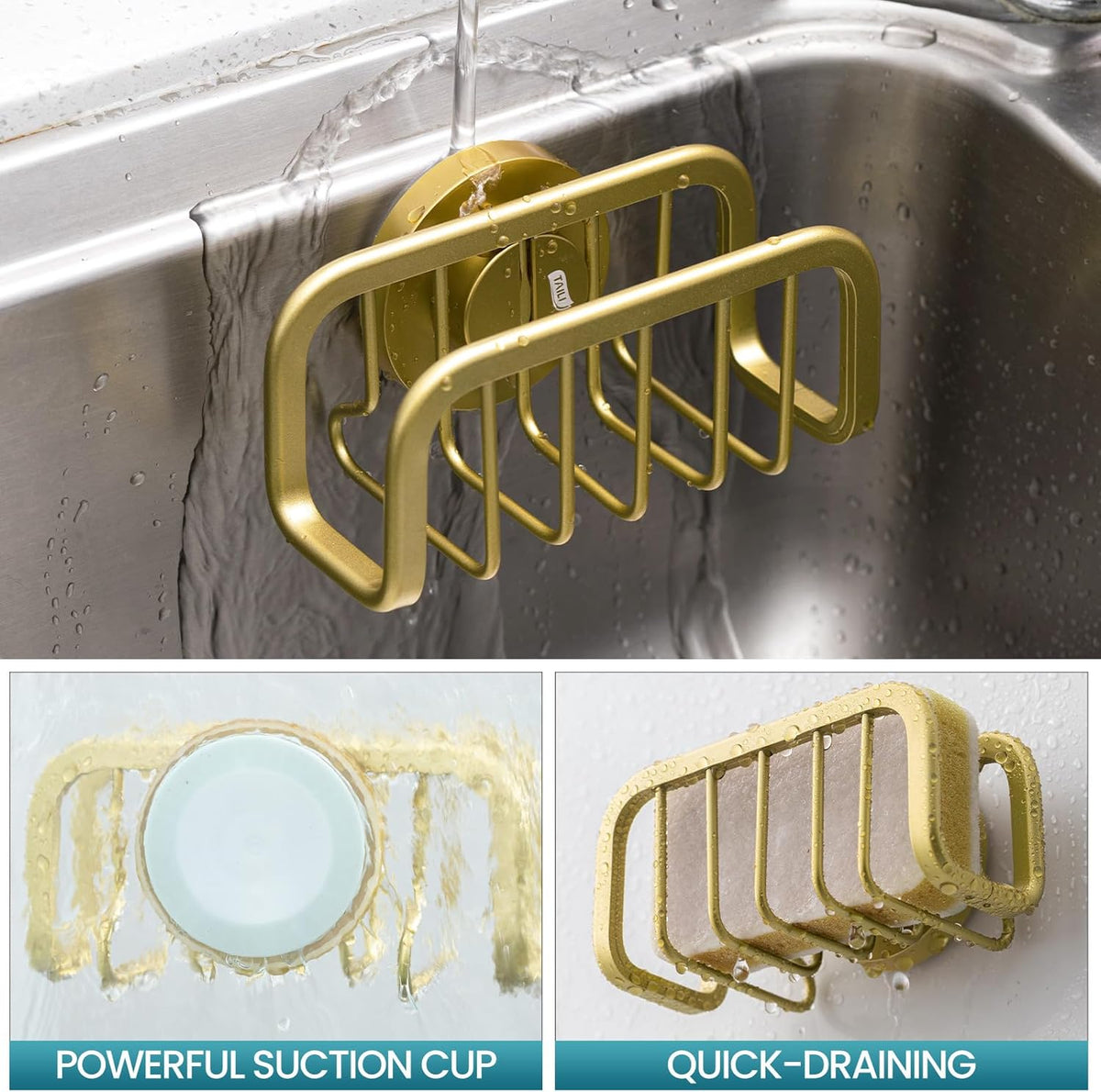 Sponge Holder for Kitchen Sink with Strong Suction Cup, Rustproof Aluminum Sink Caddy for Sponges, Removable Sponge Holder, Dish Brush for Scraper - Silver