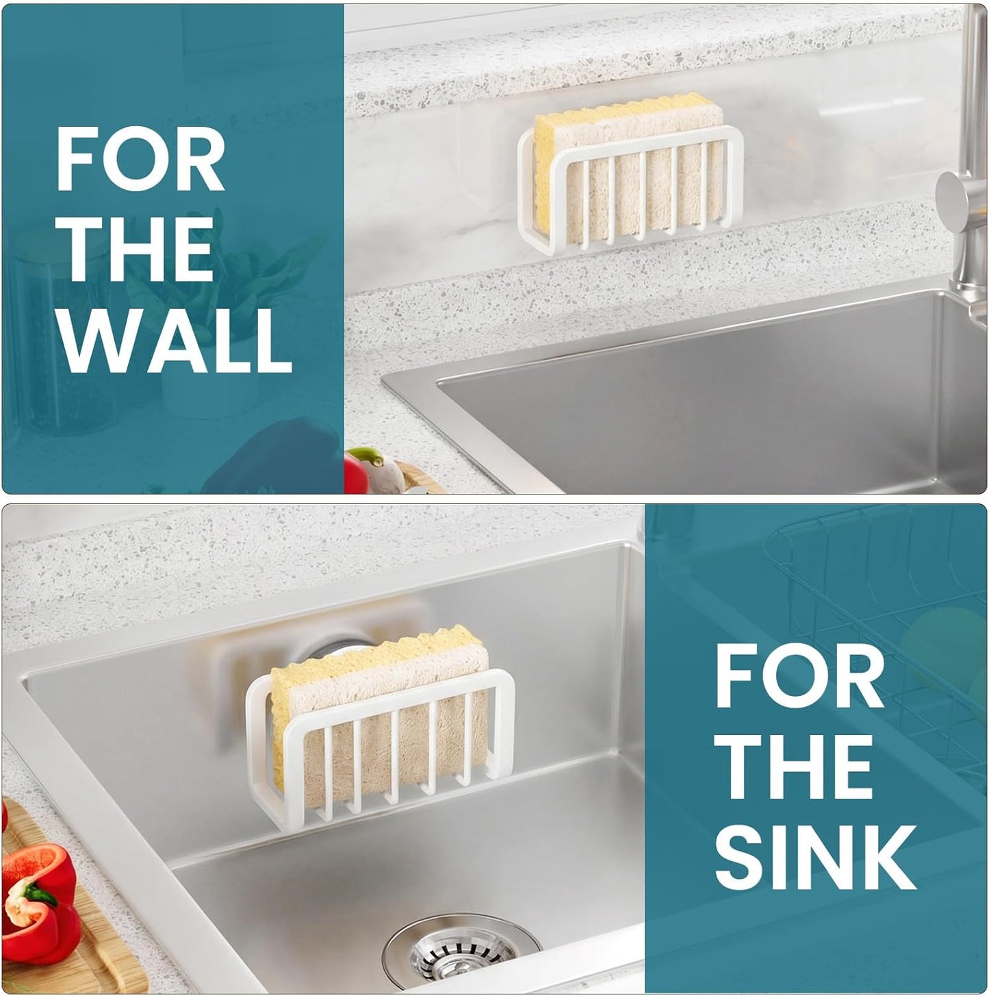 Sponge Holder for Kitchen Sink with Strong Suction Cup, Rustproof Aluminum Sink Caddy for Sponges, Removable Sponge Holder, Dish Brush for Scraper - Silver