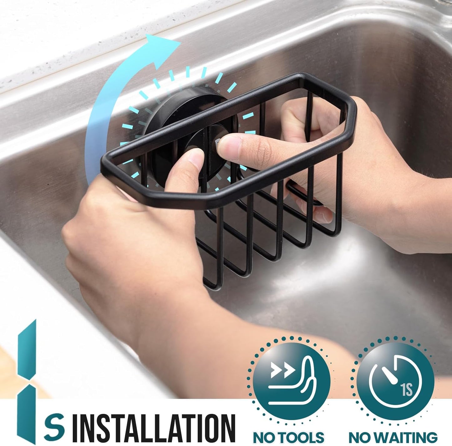 Sponge Holder for Kitchen Sink with Strong Suction Cup, Rustproof Aluminum Sink Caddy for Sponges, Removable Sponge Holder, Dish Brush for Scraper - Silver
