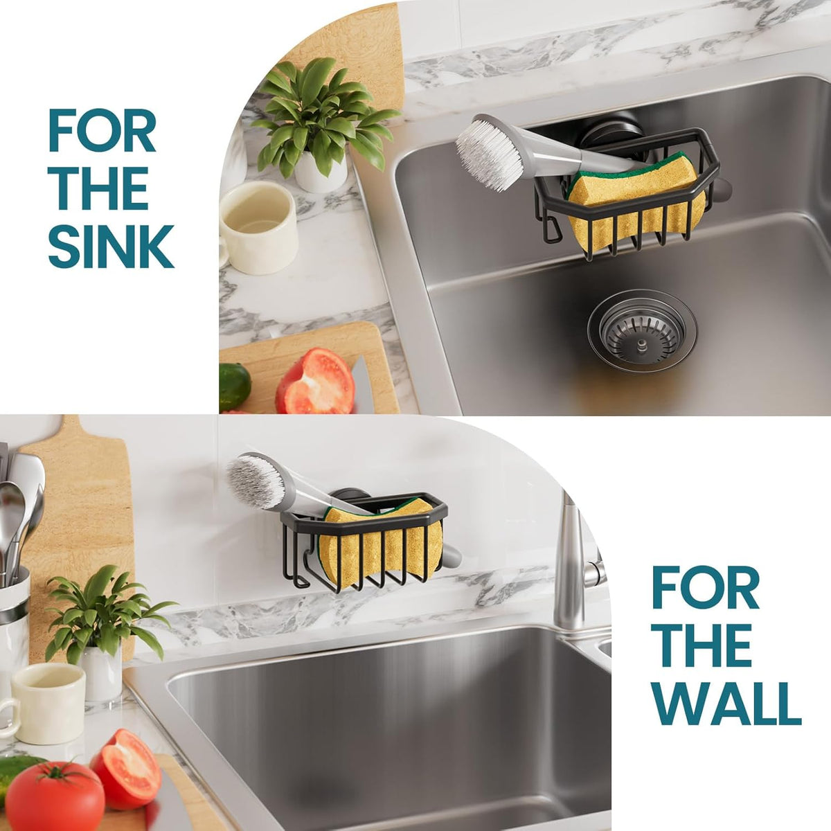 Sponge Holder for Kitchen Sink with Strong Suction Cup, Rustproof Aluminum Sink Caddy for Sponges, Removable Sponge Holder, Dish Brush for Scraper - Silver