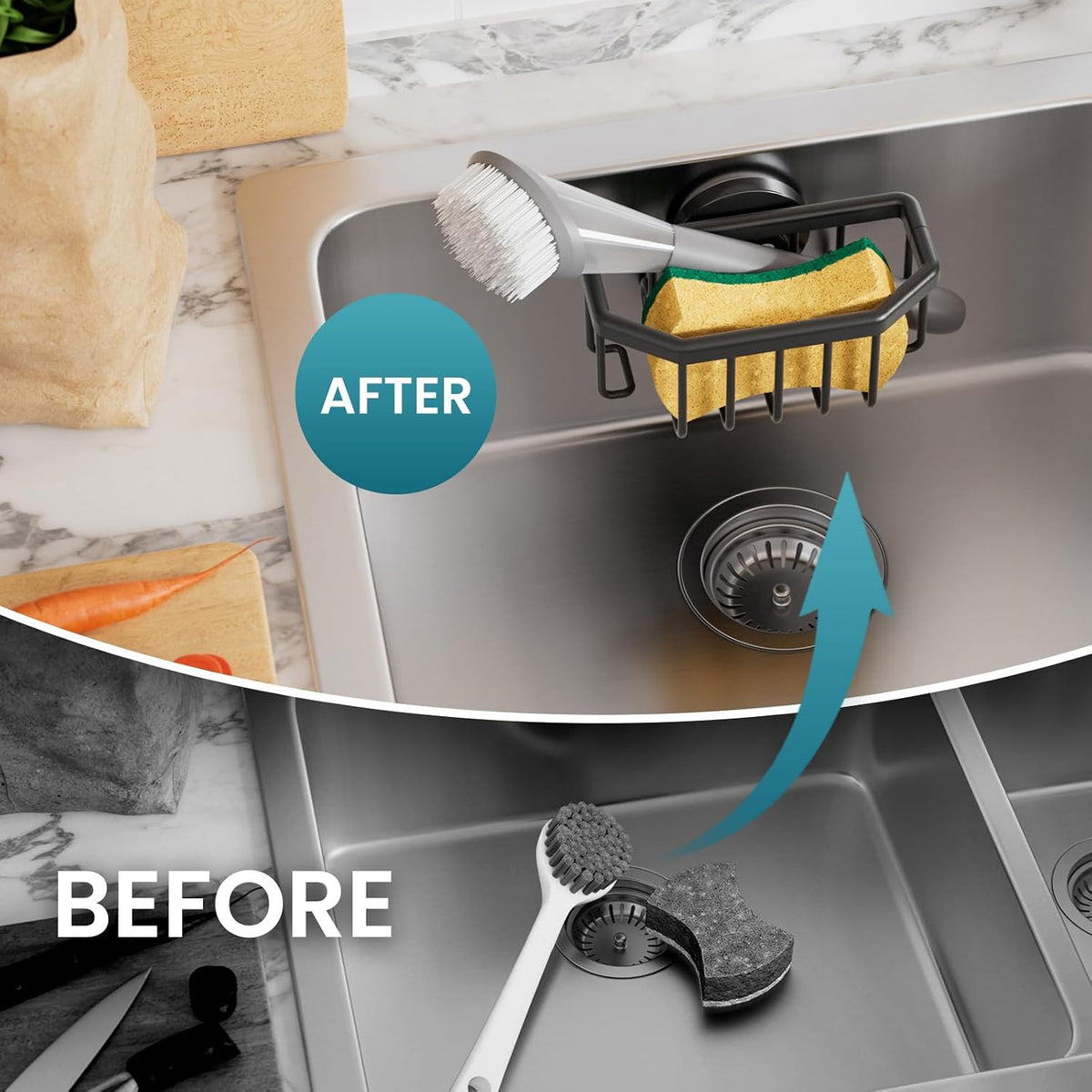 Sponge Holder for Kitchen Sink with Strong Suction Cup, Rustproof Aluminum Sink Caddy for Sponges, Removable Sponge Holder, Dish Brush for Scraper - Silver