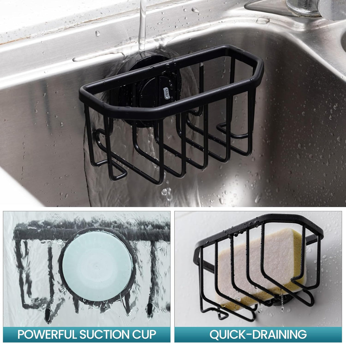 Sponge Holder for Kitchen Sink with Strong Suction Cup, Rustproof Aluminum Sink Caddy for Sponges, Removable Sponge Holder, Dish Brush for Scraper - Silver