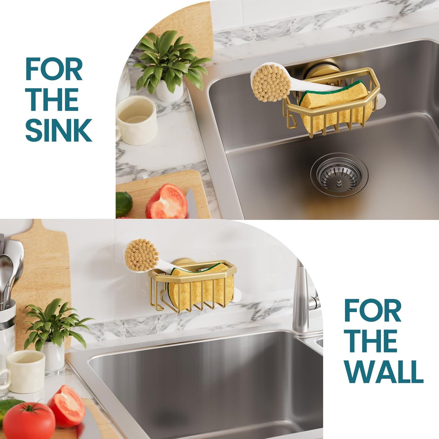 Sponge Holder for Kitchen Sink with Strong Suction Cup, Rustproof Aluminum Sink Caddy for Sponges, Removable Sponge Holder, Dish Brush for Scraper - Silver