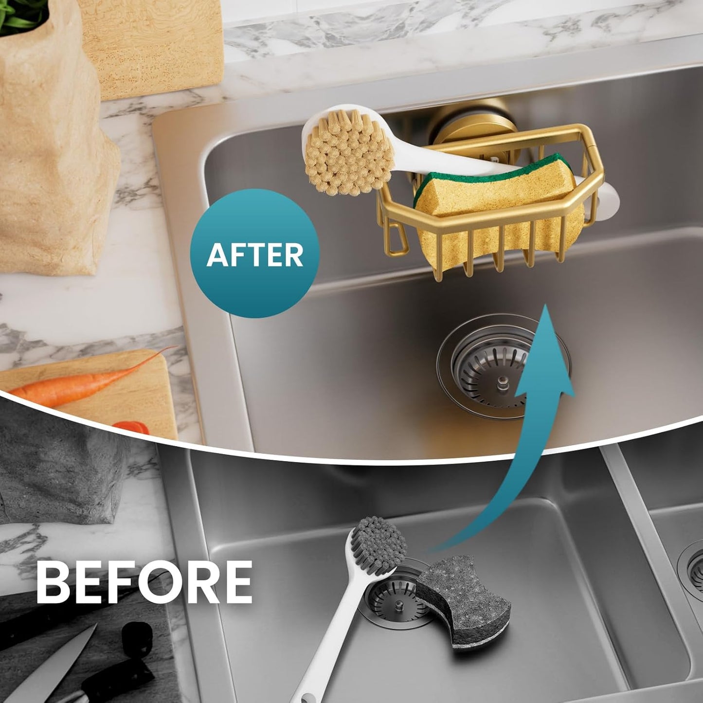 Sponge Holder for Kitchen Sink with Strong Suction Cup, Rustproof Aluminum Sink Caddy for Sponges, Removable Sponge Holder, Dish Brush for Scraper - Silver