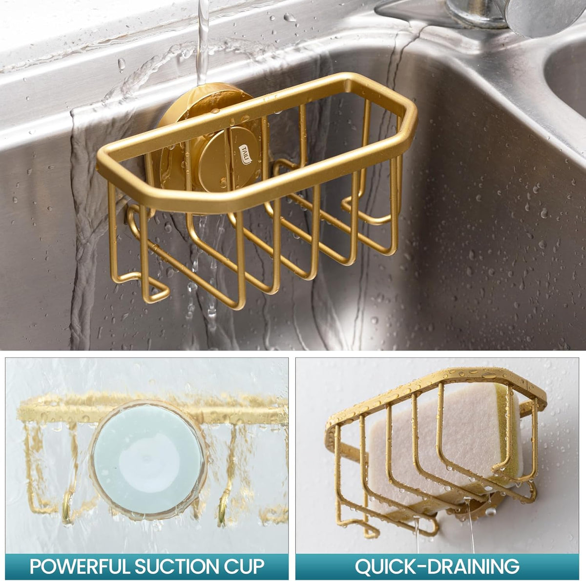Sponge Holder for Kitchen Sink with Strong Suction Cup, Rustproof Aluminum Sink Caddy for Sponges, Removable Sponge Holder, Dish Brush for Scraper - Silver