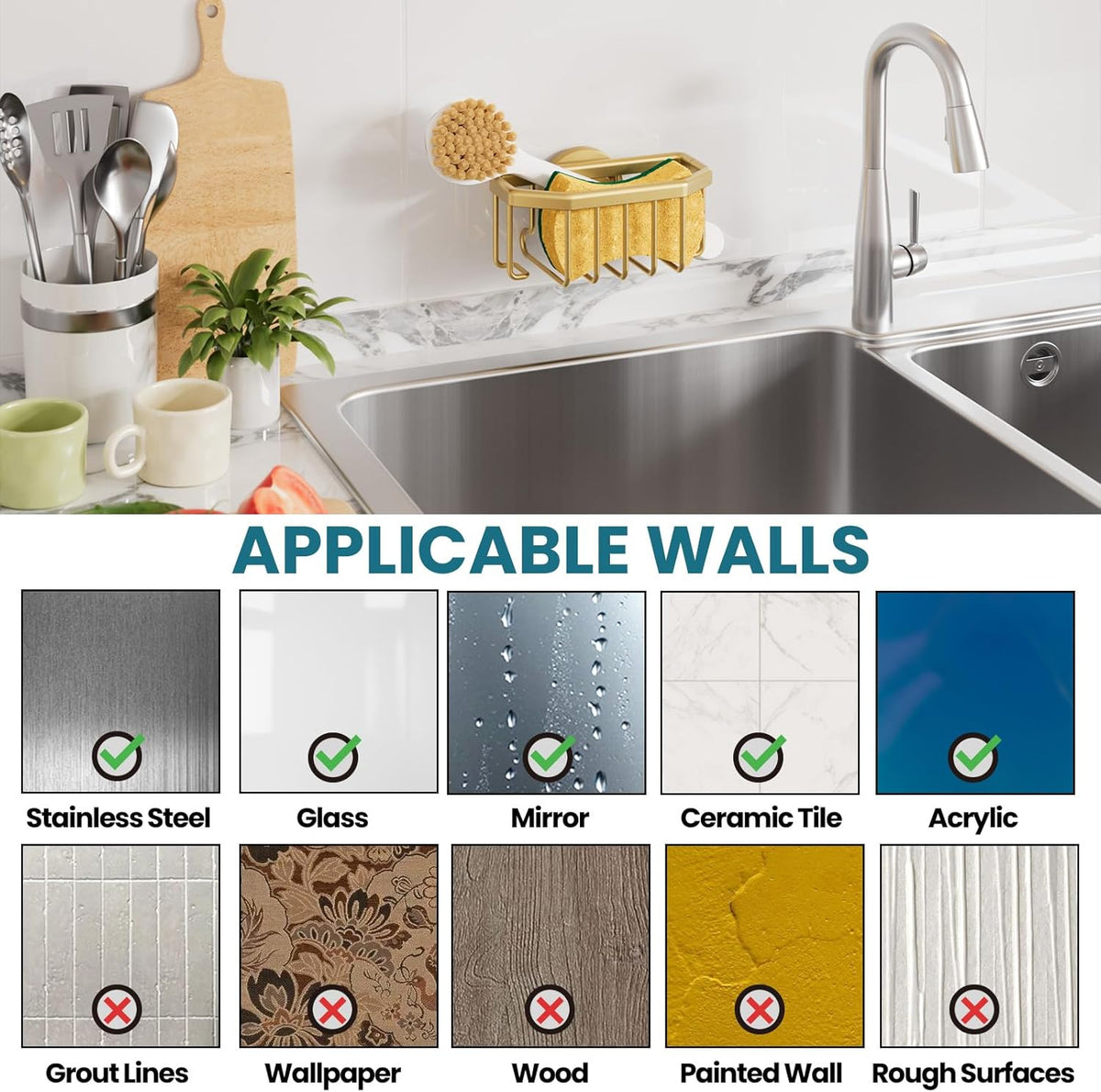 Sponge Holder for Kitchen Sink with Strong Suction Cup, Rustproof Aluminum Sink Caddy for Sponges, Removable Sponge Holder, Dish Brush for Scraper - Silver