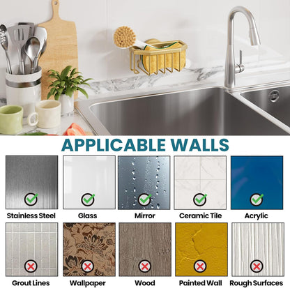 Sponge Holder for Kitchen Sink with Strong Suction Cup, Rustproof Aluminum Sink Caddy for Sponges, Removable Sponge Holder, Dish Brush for Scraper - Silver