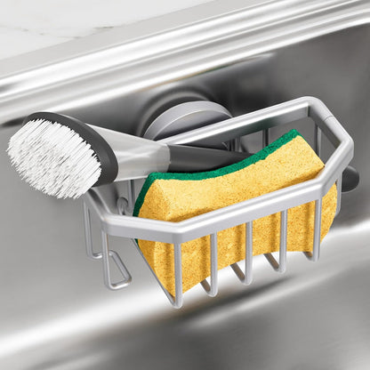 Sponge Holder for Kitchen Sink with Strong Suction Cup, Rustproof Aluminum Sink Caddy for Sponges, Removable Sponge Holder, Dish Brush for Scraper - Silver