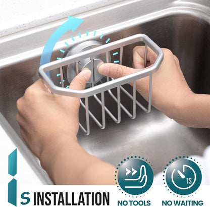 Sponge Holder for Kitchen Sink with Strong Suction Cup, Rustproof Aluminum Sink Caddy for Sponges, Removable Sponge Holder, Dish Brush for Scraper - Silver