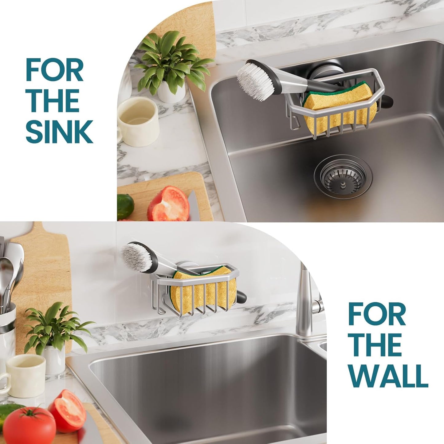 Sponge Holder for Kitchen Sink with Strong Suction Cup, Rustproof Aluminum Sink Caddy for Sponges, Removable Sponge Holder, Dish Brush for Scraper - Silver