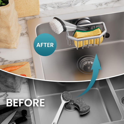 Sponge Holder for Kitchen Sink with Strong Suction Cup, Rustproof Aluminum Sink Caddy for Sponges, Removable Sponge Holder, Dish Brush for Scraper - Silver