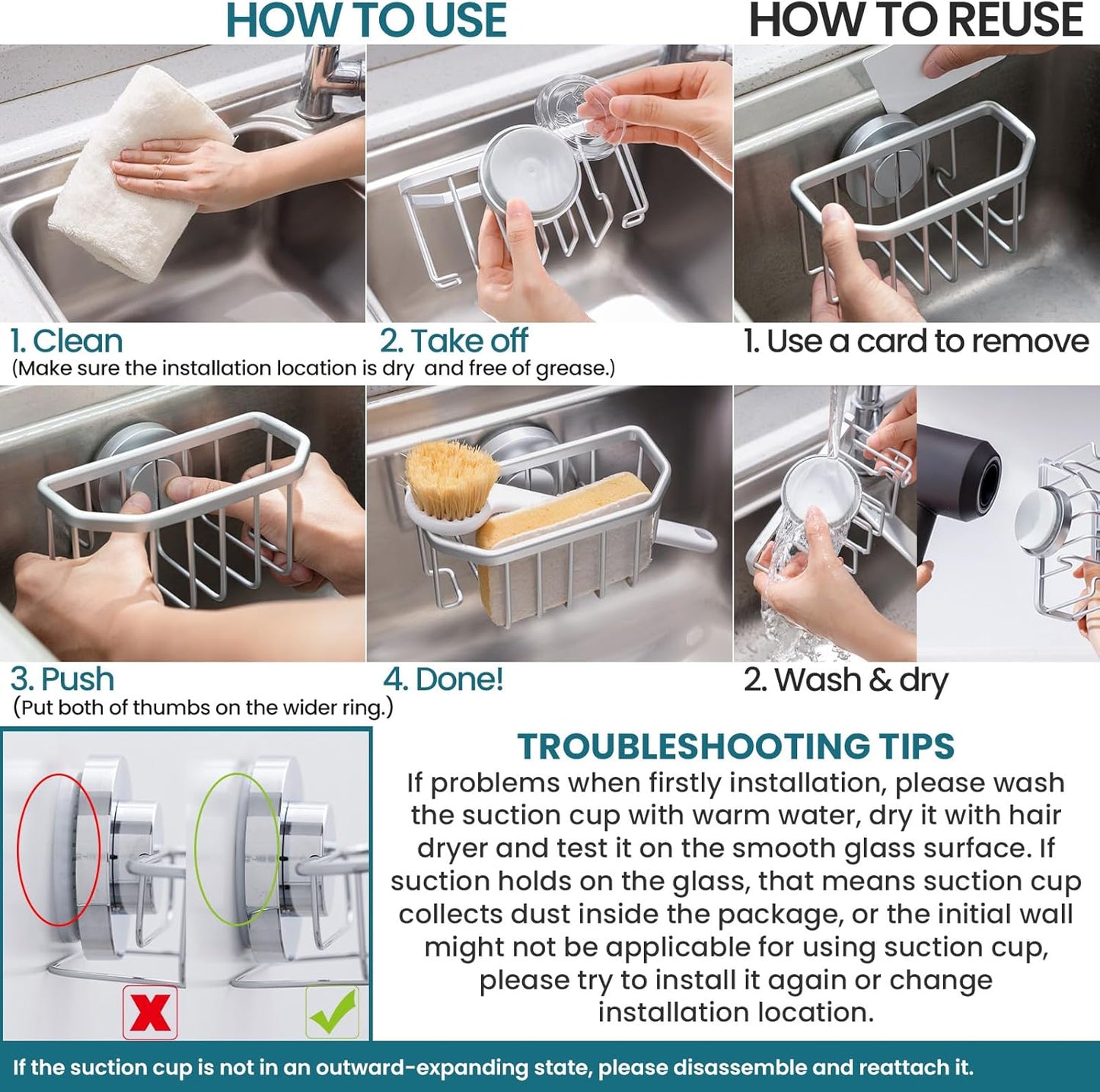 Sponge Holder for Kitchen Sink with Strong Suction Cup, Rustproof Aluminum Sink Caddy for Sponges, Removable Sponge Holder, Dish Brush for Scraper - Silver