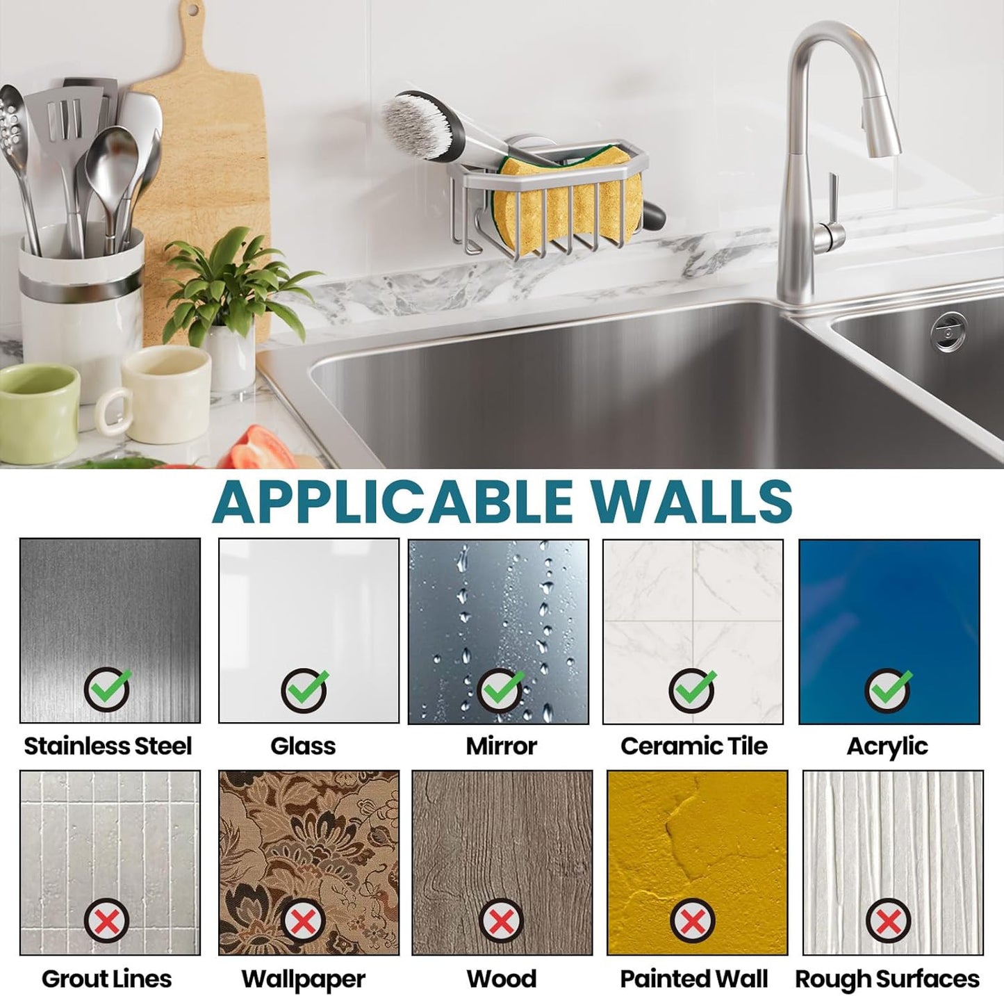 Sponge Holder for Kitchen Sink with Strong Suction Cup, Rustproof Aluminum Sink Caddy for Sponges, Removable Sponge Holder, Dish Brush for Scraper - Silver