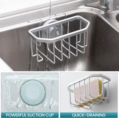 Sponge Holder for Kitchen Sink with Strong Suction Cup, Rustproof Aluminum Sink Caddy for Sponges, Removable Sponge Holder, Dish Brush for Scraper - Silver