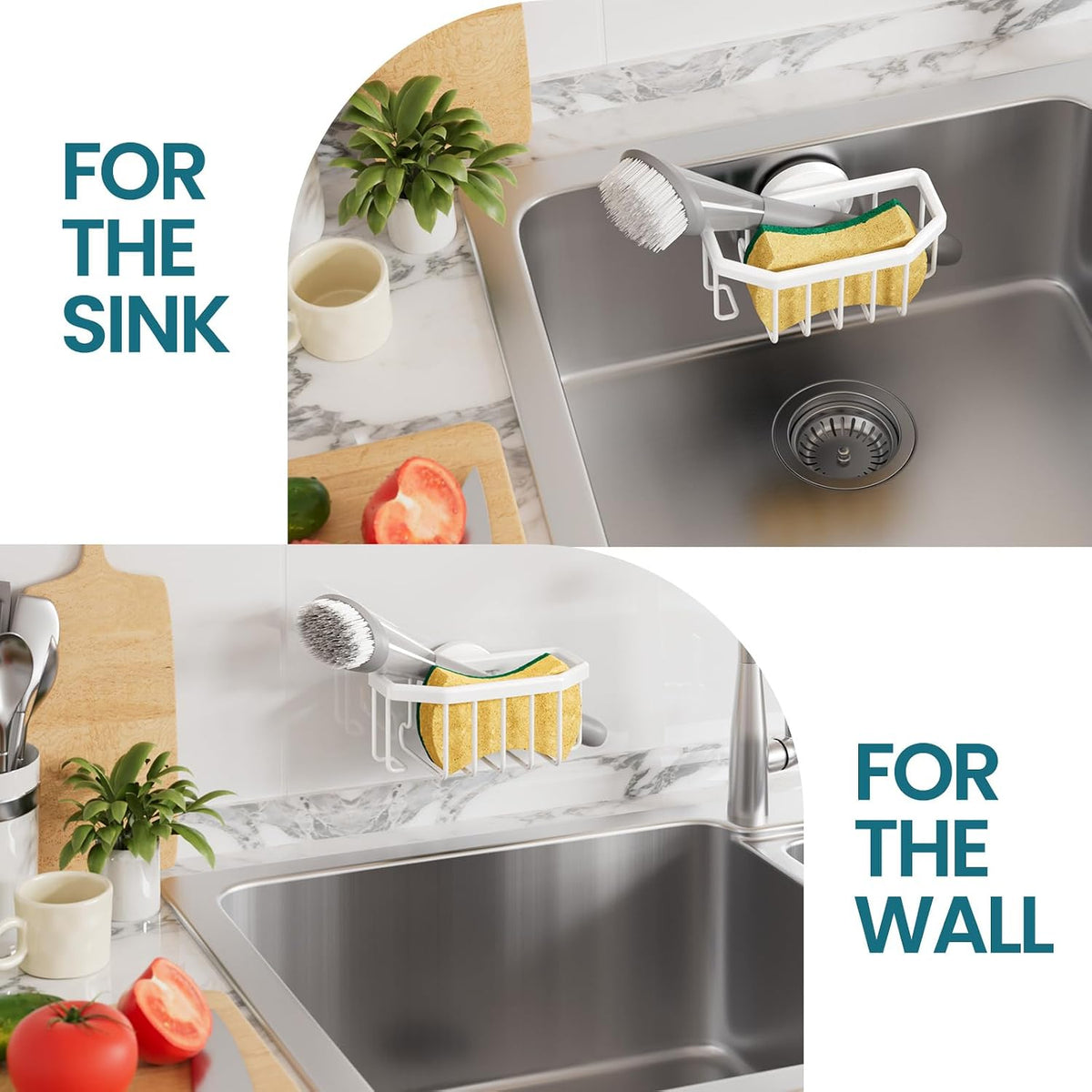 Sponge Holder for Kitchen Sink with Strong Suction Cup, Rustproof Aluminum Sink Caddy for Sponges, Removable Sponge Holder, Dish Brush for Scraper - Silver