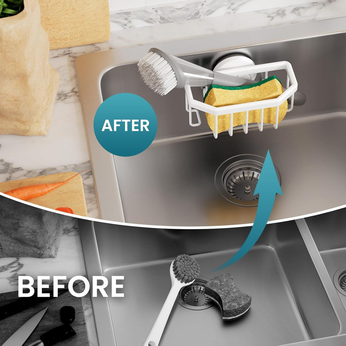 Sponge Holder for Kitchen Sink with Strong Suction Cup, Rustproof Aluminum Sink Caddy for Sponges, Removable Sponge Holder, Dish Brush for Scraper - Silver
