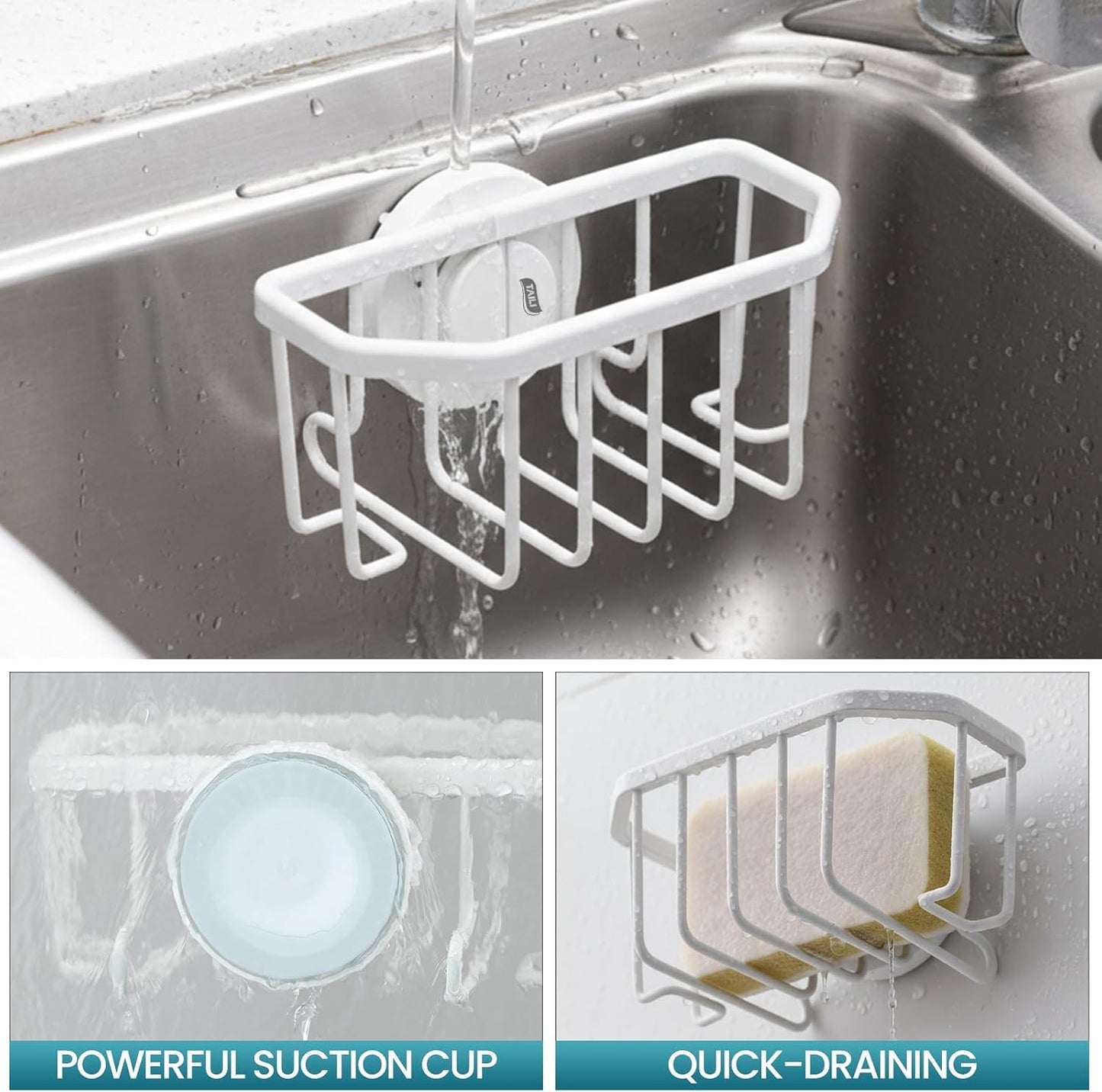 Sponge Holder for Kitchen Sink with Strong Suction Cup, Rustproof Aluminum Sink Caddy for Sponges, Removable Sponge Holder, Dish Brush for Scraper - Silver