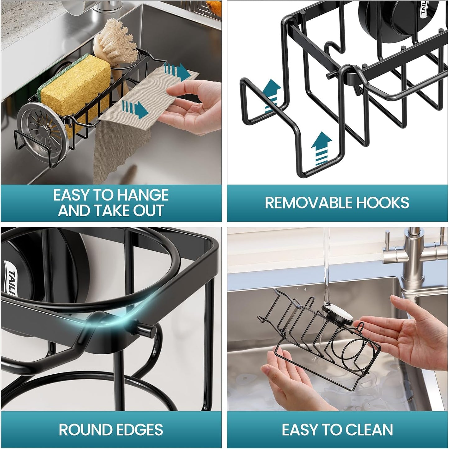 Sponge Holder for Kitchen Sink with Strong Suction Cup, Rustproof Aluminum Sink Caddy for Sponges, Removable Sponge Holder, Dish Brush for Scraper - Silver