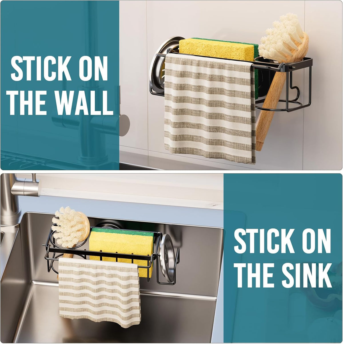 Sponge Holder for Kitchen Sink with Strong Suction Cup, Rustproof Aluminum Sink Caddy for Sponges, Removable Sponge Holder, Dish Brush for Scraper - Silver