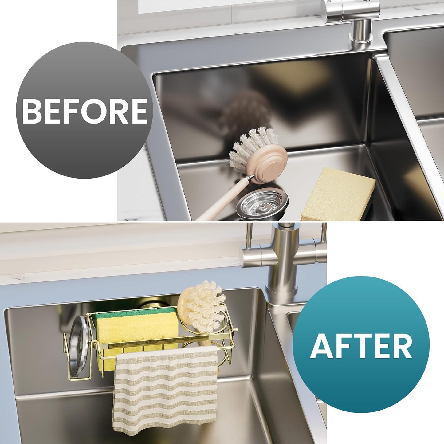 Sponge Holder for Kitchen Sink with Strong Suction Cup, Rustproof Aluminum Sink Caddy for Sponges, Removable Sponge Holder, Dish Brush for Scraper - Silver