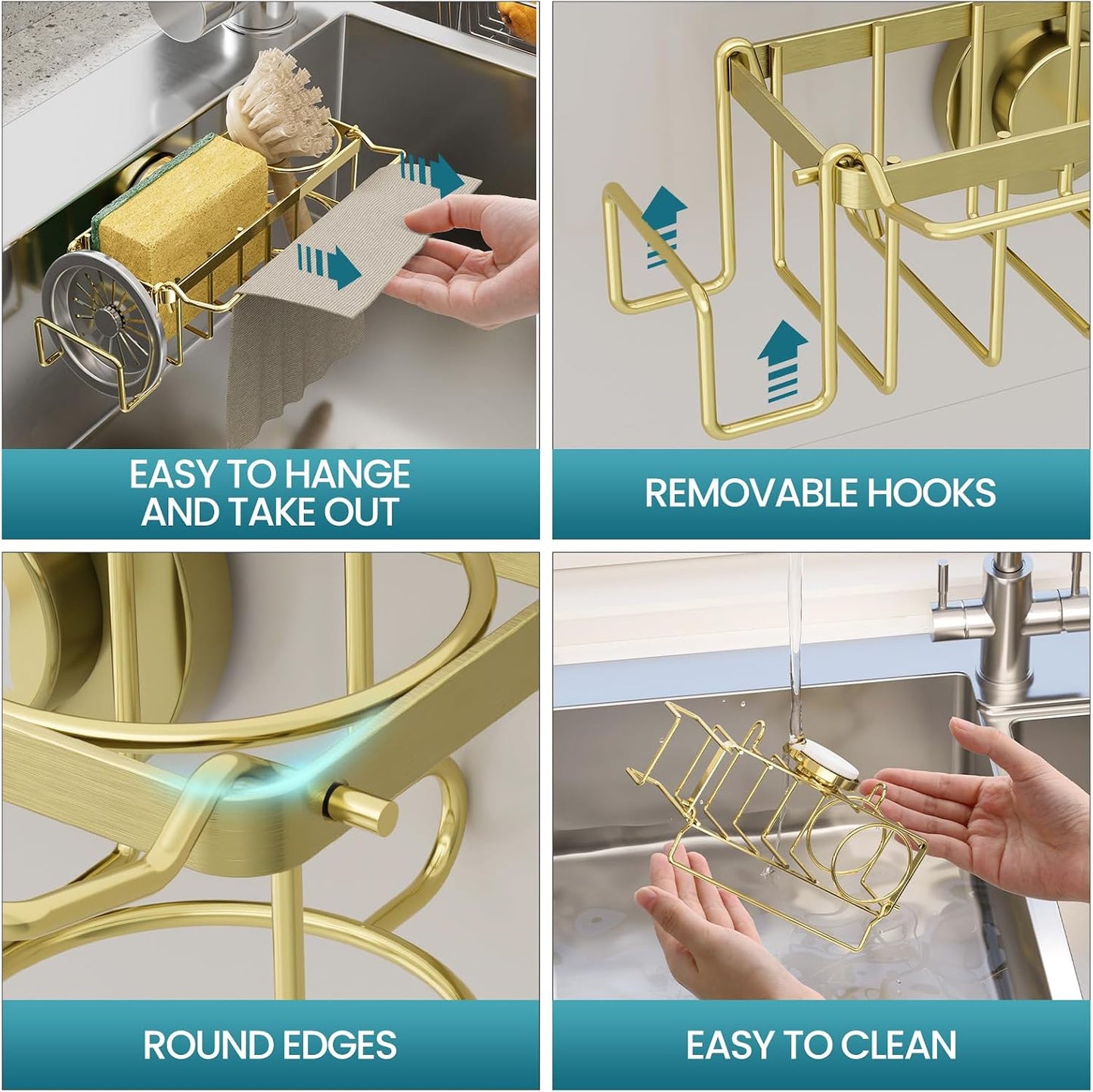 Sponge Holder for Kitchen Sink with Strong Suction Cup, Rustproof Aluminum Sink Caddy for Sponges, Removable Sponge Holder, Dish Brush for Scraper - Silver