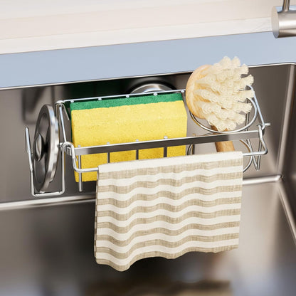 Sponge Holder for Kitchen Sink with Strong Suction Cup, Rustproof Aluminum Sink Caddy for Sponges, Removable Sponge Holder, Dish Brush for Scraper - Silver
