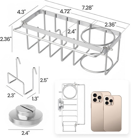 Sponge Holder for Kitchen Sink with Strong Suction Cup, Rustproof Aluminum Sink Caddy for Sponges, Removable Sponge Holder, Dish Brush for Scraper - Silver