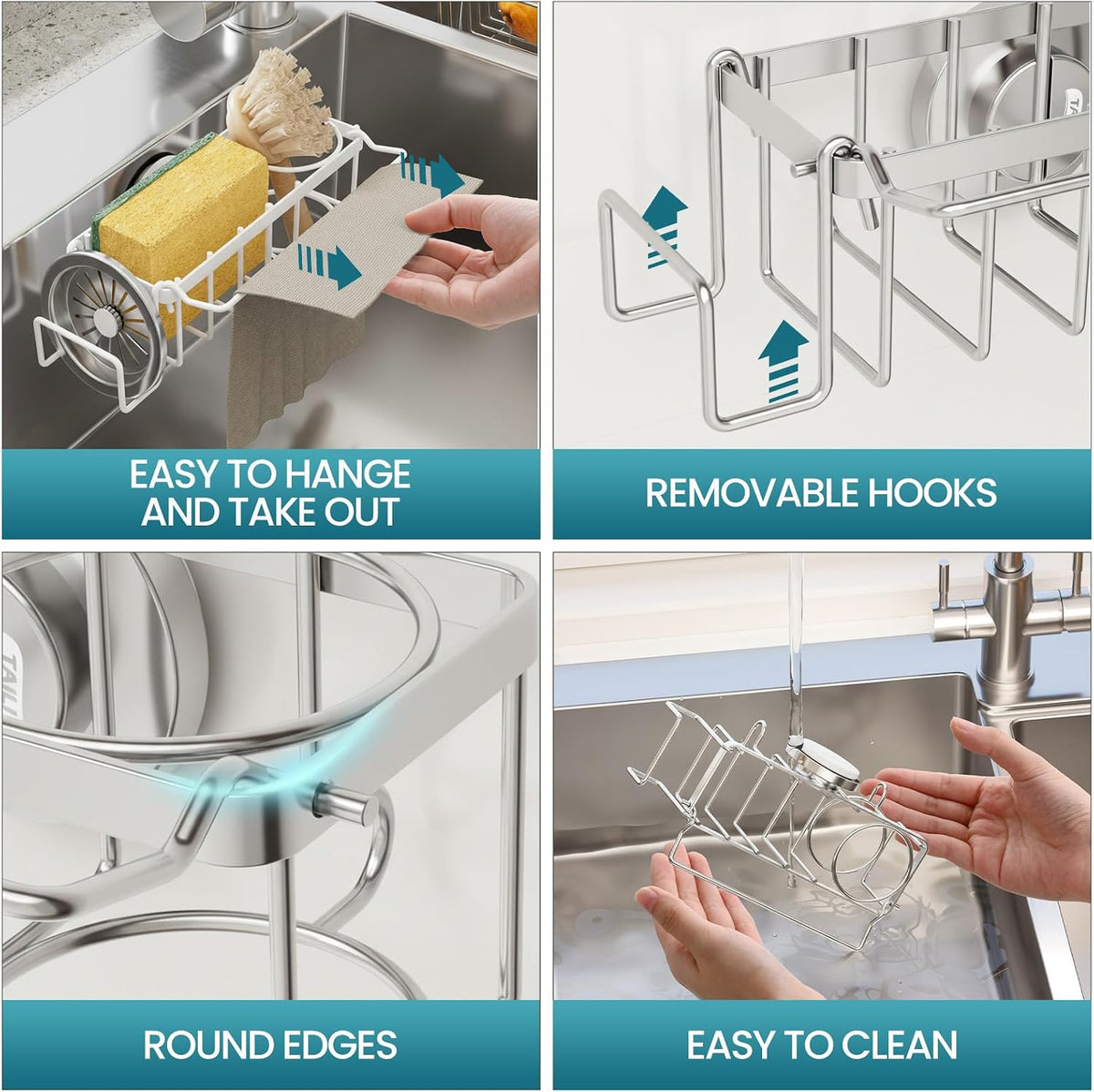 Sponge Holder for Kitchen Sink with Strong Suction Cup, Rustproof Aluminum Sink Caddy for Sponges, Removable Sponge Holder, Dish Brush for Scraper - Silver
