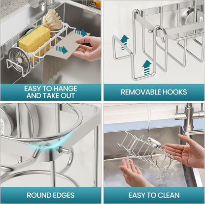 Sponge Holder for Kitchen Sink with Strong Suction Cup, Rustproof Aluminum Sink Caddy for Sponges, Removable Sponge Holder, Dish Brush for Scraper - Silver