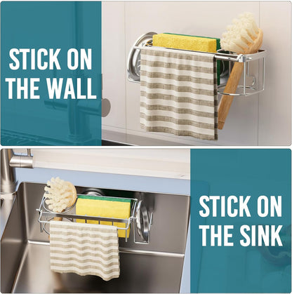 Sponge Holder for Kitchen Sink with Strong Suction Cup, Rustproof Aluminum Sink Caddy for Sponges, Removable Sponge Holder, Dish Brush for Scraper - Silver