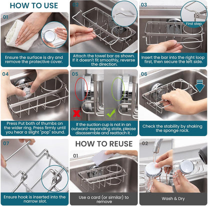 Sponge Holder for Kitchen Sink with Strong Suction Cup, Rustproof Aluminum Sink Caddy for Sponges, Removable Sponge Holder, Dish Brush for Scraper - Silver