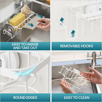 Sponge Holder for Kitchen Sink with Strong Suction Cup, Rustproof Aluminum Sink Caddy for Sponges, Removable Sponge Holder, Dish Brush for Scraper - Silver