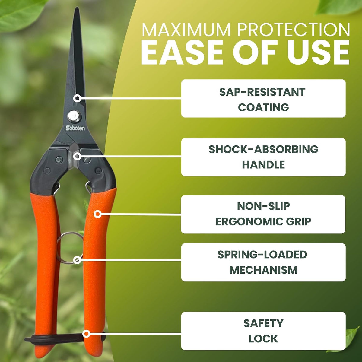Saboten 7.9" Professional Japanese Harvesting Shears – Straight Blade, Stainless Steel with Fluorine Coating, Spring-Loaded, Ergonomic Grip – , Made in Japan