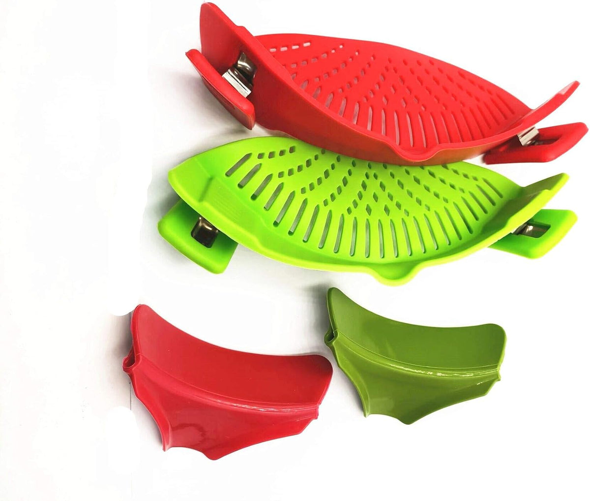2 Packs Strain Pan Strainer, Clip-on Silicone Strainer with Slip-On Bowl Pour Spout Free for Draining Food While Cooking or Pouring Liquid, Universal Size Fits Most Pans Pots Bowls (red+green))