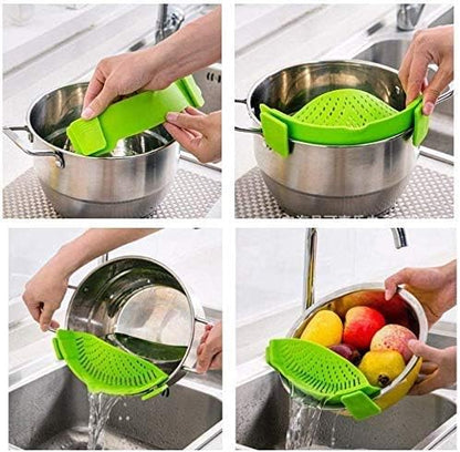 2 Packs Strain Pan Strainer, Clip-on Silicone Strainer with Slip-On Bowl Pour Spout Free for Draining Food While Cooking or Pouring Liquid, Universal Size Fits Most Pans Pots Bowls (red+green))