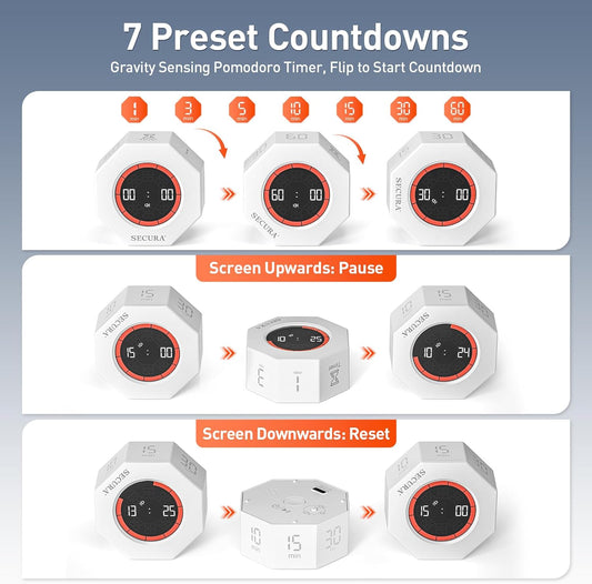 Pomodoro Timer for ADHD & Productivity, Flip Cube Timer with 7 Presets (1/3/5/10/15/30/60 Min), Visual Countdown Progress Bar for Work, Study, Kids & Desk (White)