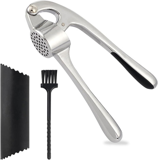 Garlic Press Set - Stainless Steel Press, Easy-Peel Silicone Tool & Brush, Ergonomic Handle for Effortless Mincing, Rust-Proof & Dishwasher Safe for Kitchen Use