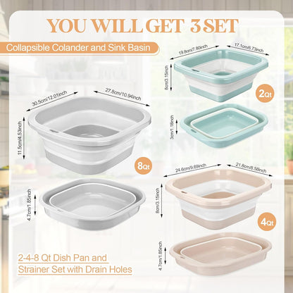3 Set 8-4-2 Qt Collapsible Colander and Sink Basin