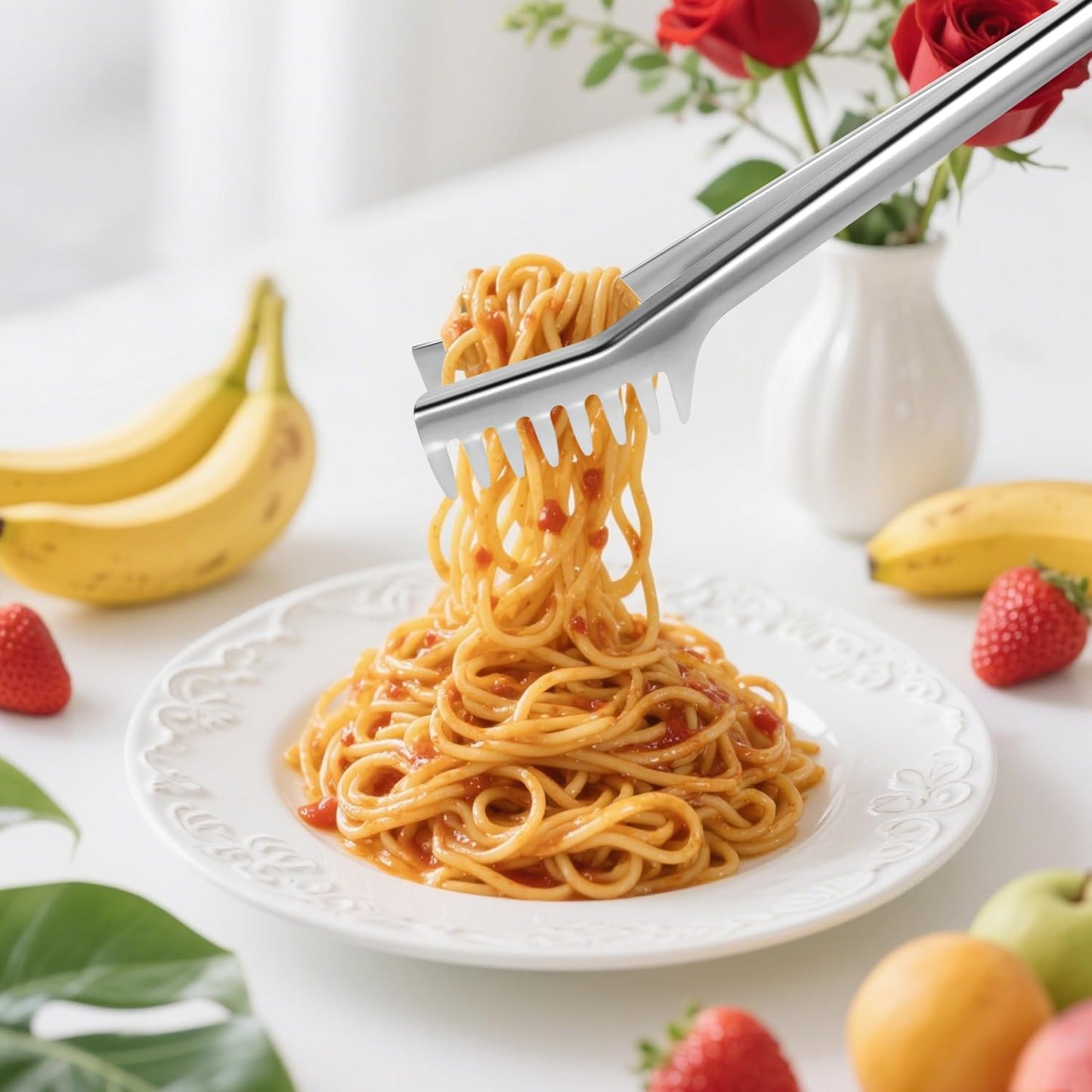 Spaghetti Spoon and Spaghetti Tong 2-Piece Set, 13-Inch Non-Stick Spaghetti Fork and 11.4-Inch Kitchen Tong, Easy Storage and Cleanup, Ergonomic Design, Stainless Steel